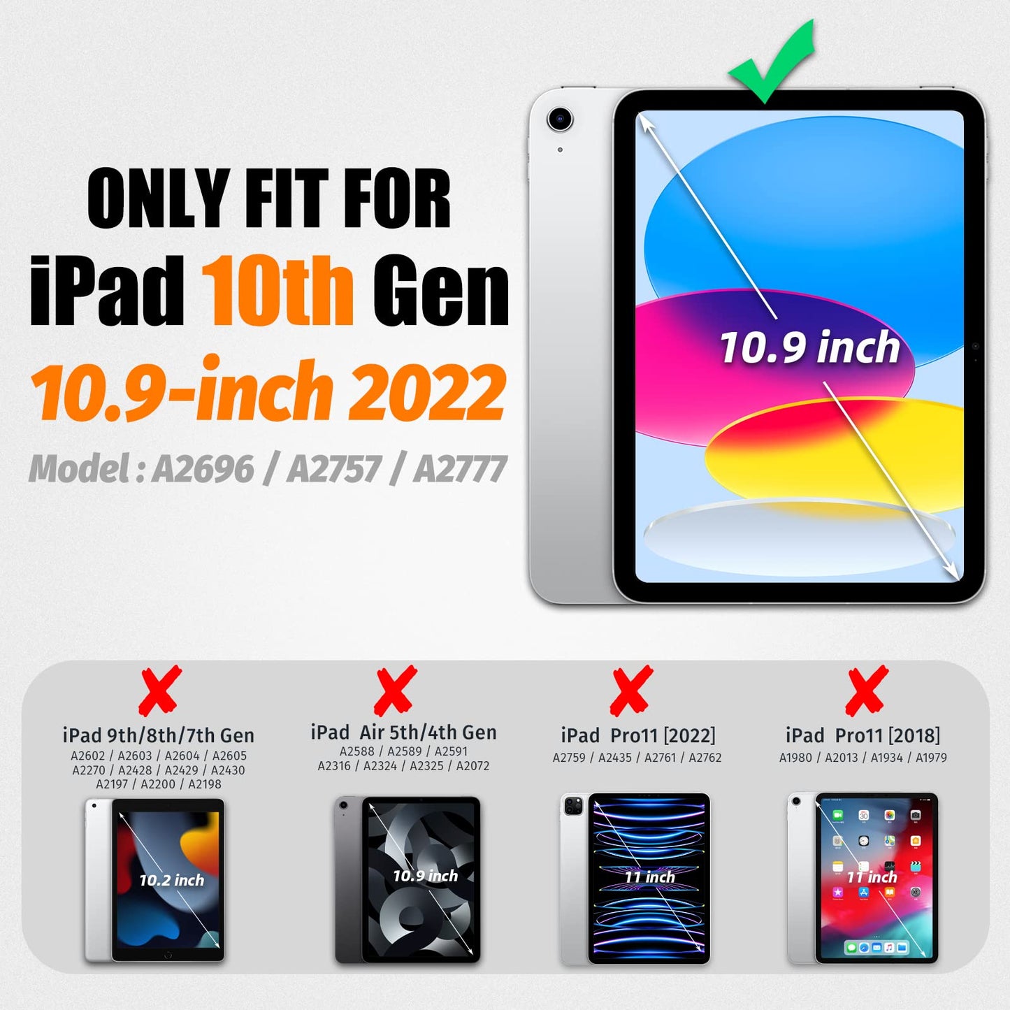 SEYMAC stock Case for iPad 10th Generation 10.9'', Full-Body Drop Protection Case with Screen Protector &360° Rotate Hand Strap/Stand, Black+Orange