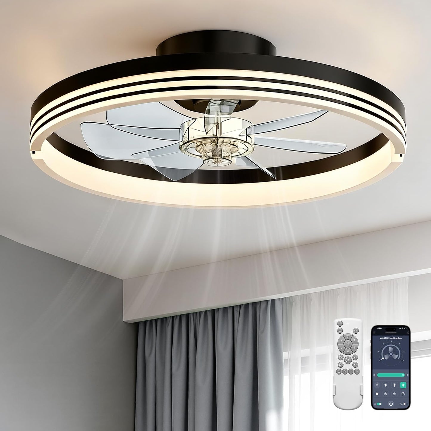 AKOFUN 18" Ceiling Fans with Lights and Remote, Low Profile Flush Mount Ceiling Fan with Light, 3000-6500K Dimmable LED Fan Light, Modern Bladeless Fandelier Ceiling Fans for Bedroom, Black Stripes
