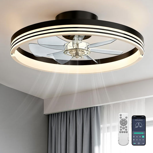 AKOFUN 18" Ceiling Fans with Lights and Remote, Low Profile Flush Mount Ceiling Fan with Light, 3000-6500K Dimmable LED Fan Light, Modern Bladeless Fandelier Ceiling Fans for Bedroom, Black Stripes