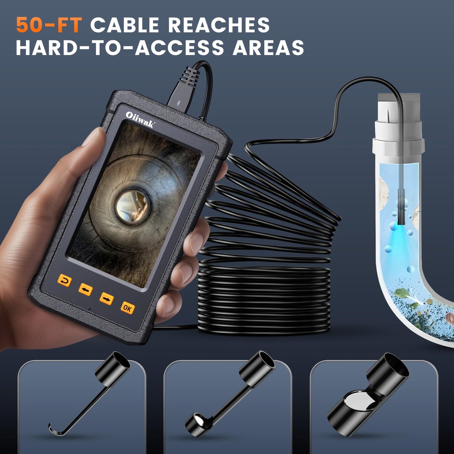 50FT Endoscope Camera with Light, Oiiwak Snake Borescope Endoscope Inspection Camera for Pipe Sewer Drain Plumbing Inspection 1080P HD 4.3" IPS Screen Waterproof IP67