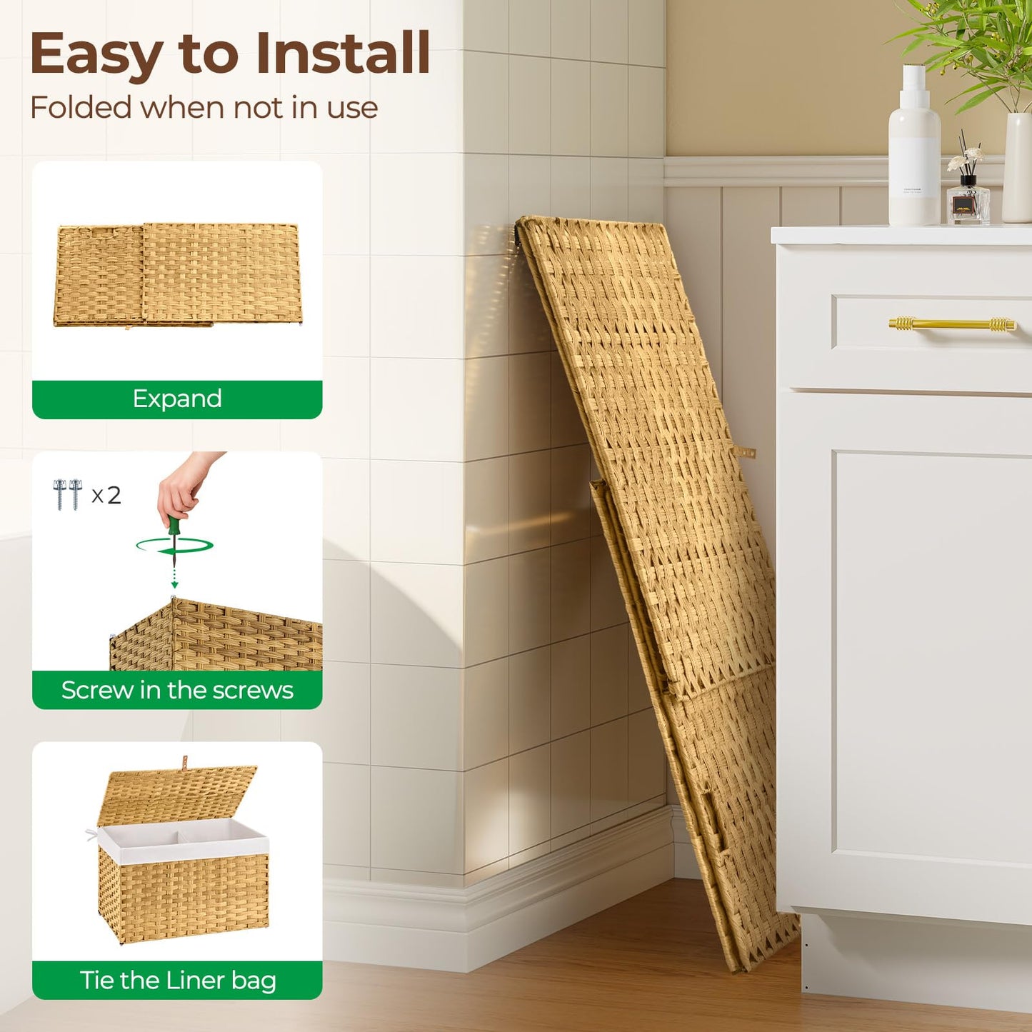 GREENSTELL Storage Basket with Lid, 42.3 Gallon(160L) Lagre Wicker Blanket Storage Basket with Handles, Foldable, 2 Removable Liner Bags, Metal Frame, for Bedroom, Laundry Room, Brown,30"*18.1"*18.1"