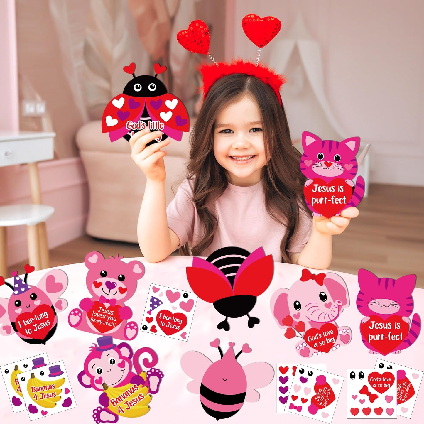 Lonfliness 36 Sets Valentine's Day Religious Animal Craft Kits for Kids Valentine's Heart Jesus Sticker Crafts Make Your Own Christian Arts Crafts for DIY Home Sunday School Classroom Activity Decor