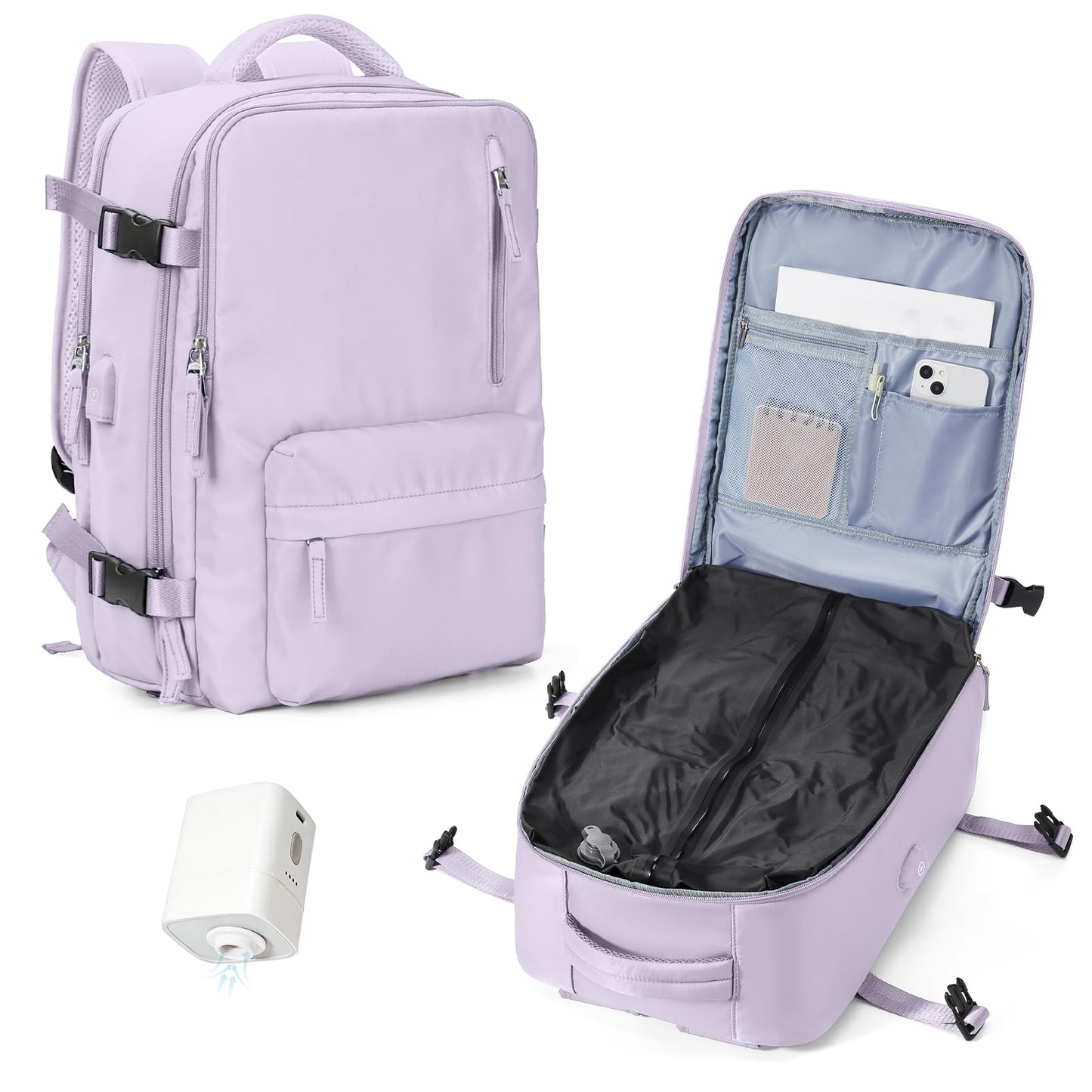 WONHOX Vacuum Seal Backpack for Travel with Air Pump Compression Daypack Personal Item Carry on Flight Approved Vacpack Laptop Space Saver Bags Storage with Vacuum System Travel Bag Women Men Purple