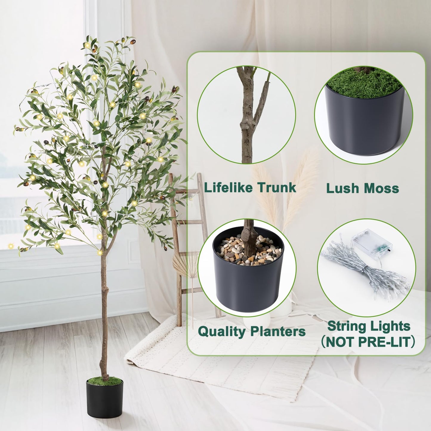 Olive Tree, 6FT Tall Faux Olive Tree with Moss and Planter, Olive Trees Artificial Indoor with Realistic Wood Trunk and Lifelike Fruits, Fake Olive Tree for Home Office Living Room Decor