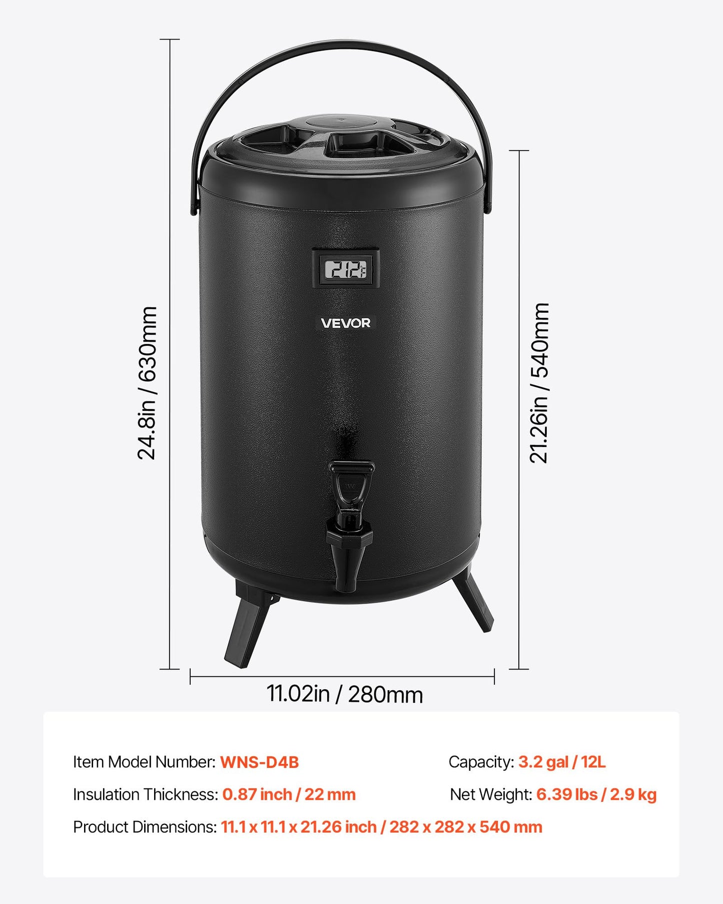 VEVOR Insulated Beverage Dispenser, 3.2 Gal/12L Stainless Steel Thermal Drink Server with Spigot & Temp Display, Suitable for Hot and Cold Drinks, for Tea Coffee Water in Cafes & Restaurants, Black