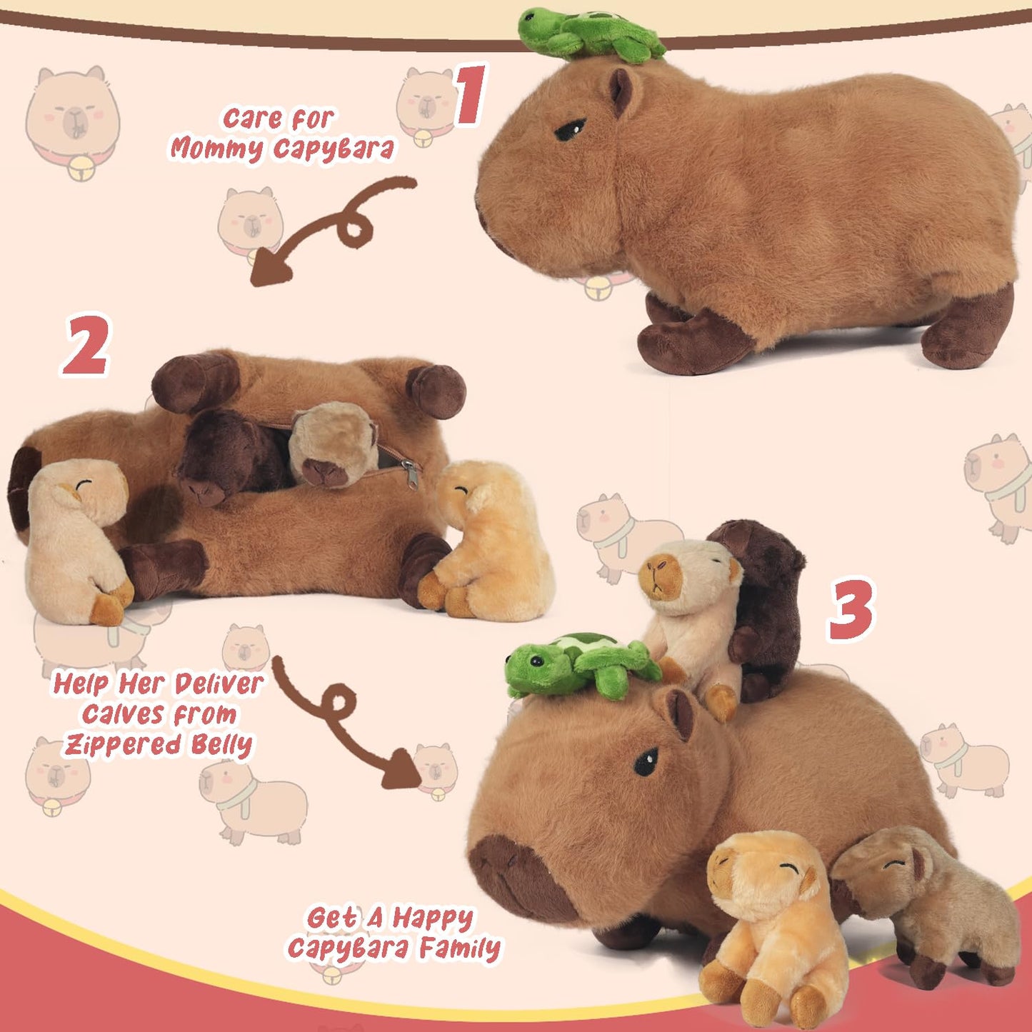 Youthfuljive 5 Pcs Capybara Plush Toys, 14.2“ Mommy Capybara Stuffed Animals with Turtle and 4 Cute Babies, Soft Stuffed Capybara Plushie for Kids Girls Boys Birthday