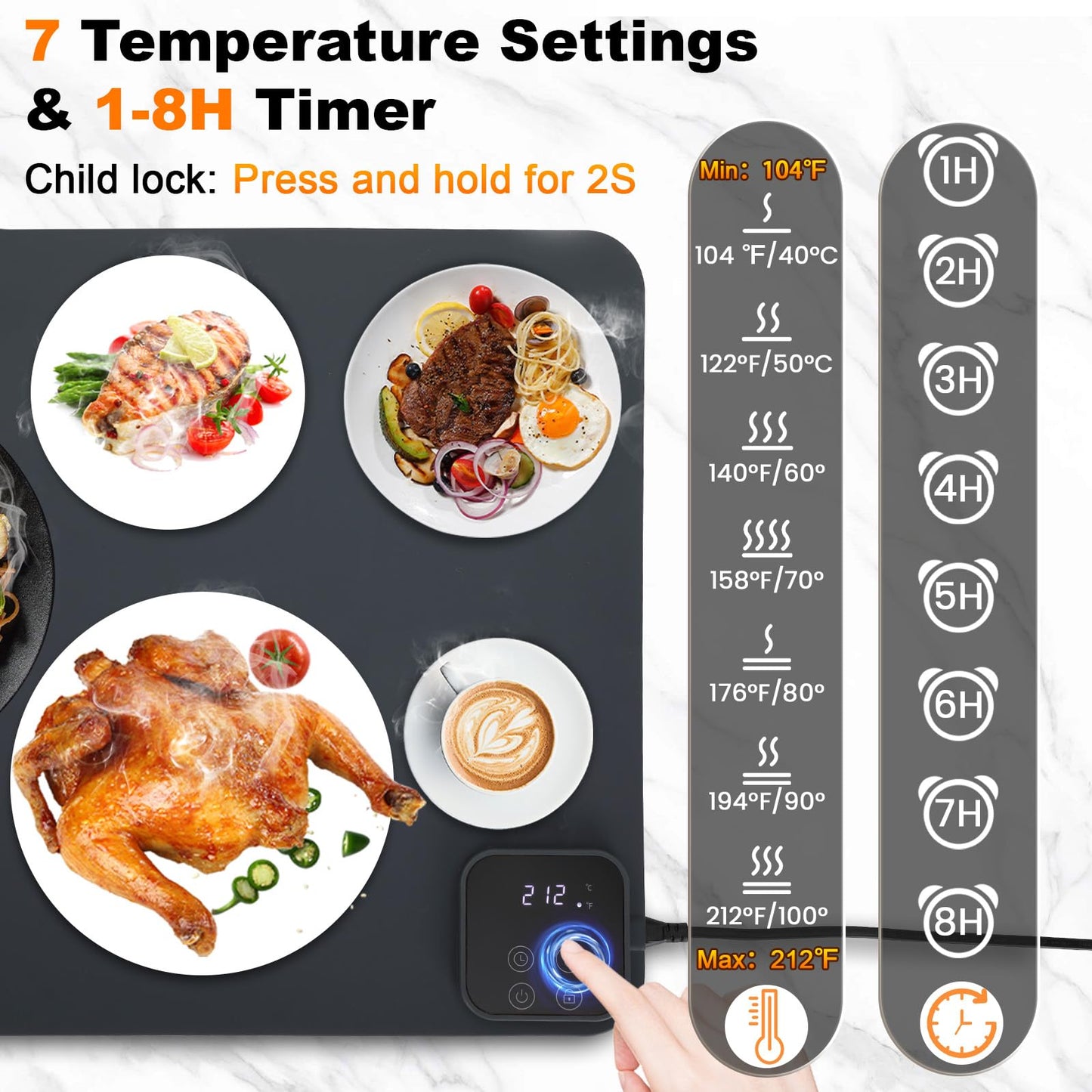 Mariocsa Warming Mat for Food, (XXXL 47"x15") Electric Food Warming Mat Tray, 450W Rapid Full Heating in 8s, 7 Adjustable Temp Settings & 1-8H Timer, Food Warmer Mat for Home, Buffets, Parties