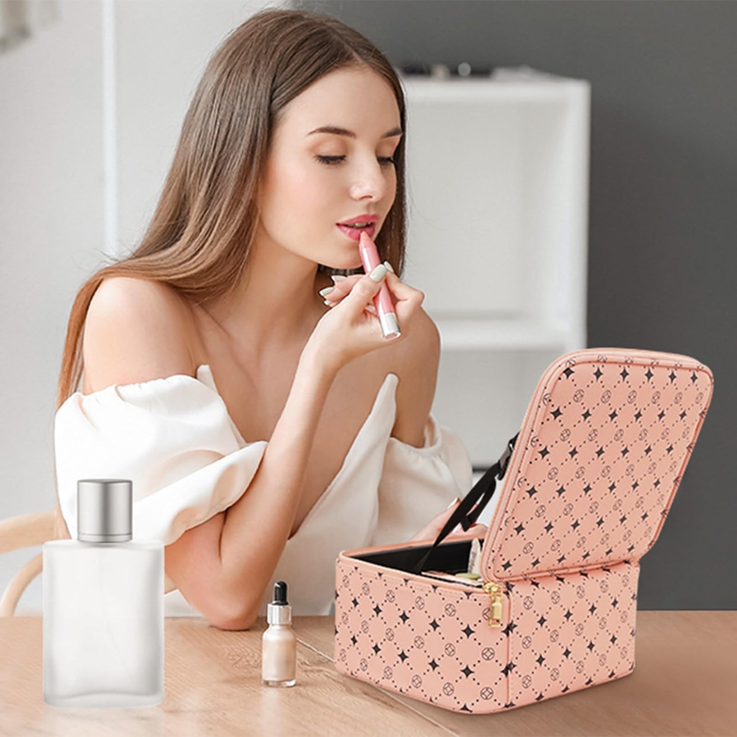 Travel Makeup Bag With 360° rotating LED Mirror,Waterproof cosmetic organizer,Portability Cosmetic case,Makeup organizer,Gift for Women,Girls Gift (Pink)