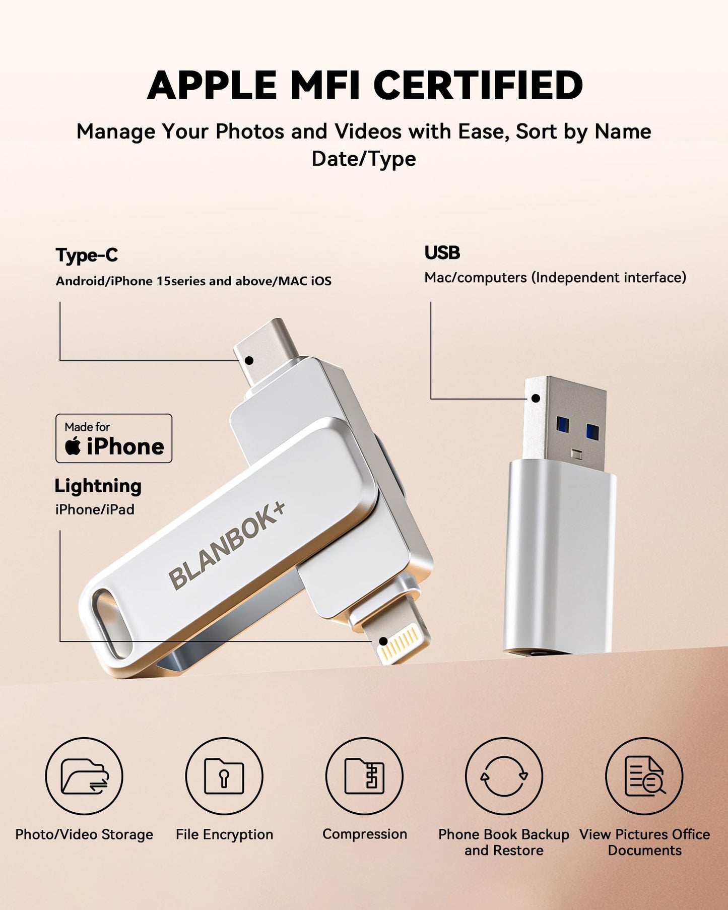 MFi Certified 512GB Flash Drive for iPhone Photo Stick, USB Thumb Drive Memory Stick High Speed USB Drive Photo Storage for iPhone USB Stick Compatible for iPhone/iPad/Android/PC