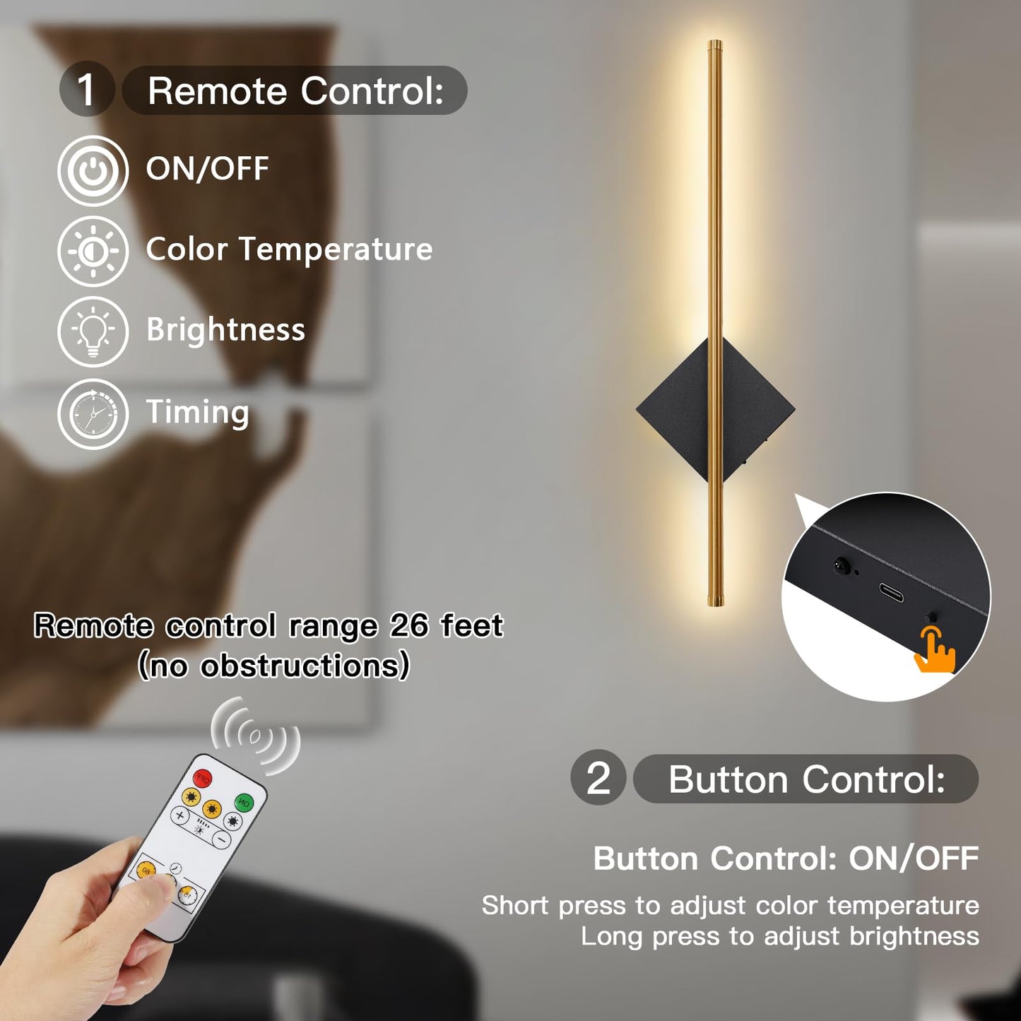 Battery Operated Wall Sconces Set of Two, Modern Sconces Wireless Cordless Rechargeable Light with Remote, Gold and Black Wall Lamp Dimmable Home Decor for Bedroom Living Room Hallway Timing 23.6 Inch