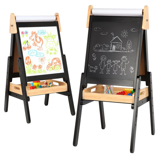 3 in 1 Easel for Kids with Wood Tray Double Sided Kids Easel with Paper Roll,Magnetic Chalkboard & White Board Height Adjustable Painting Standing Drawing Board for Toddlers Childrens 2+ (Black)