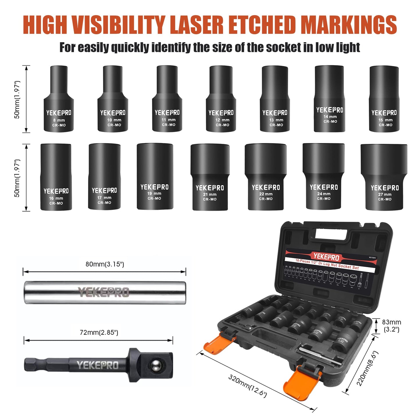 YEKEPRO 16PCS Bolt Extractor Set, 1/2" Drive Impact Twist Socket Set, Stripped Bolt Extractor for Removing Damaged, Frozen, Rusted, Rounded-Off Bolts, Nuts & Screws, Cr-Mo Steel