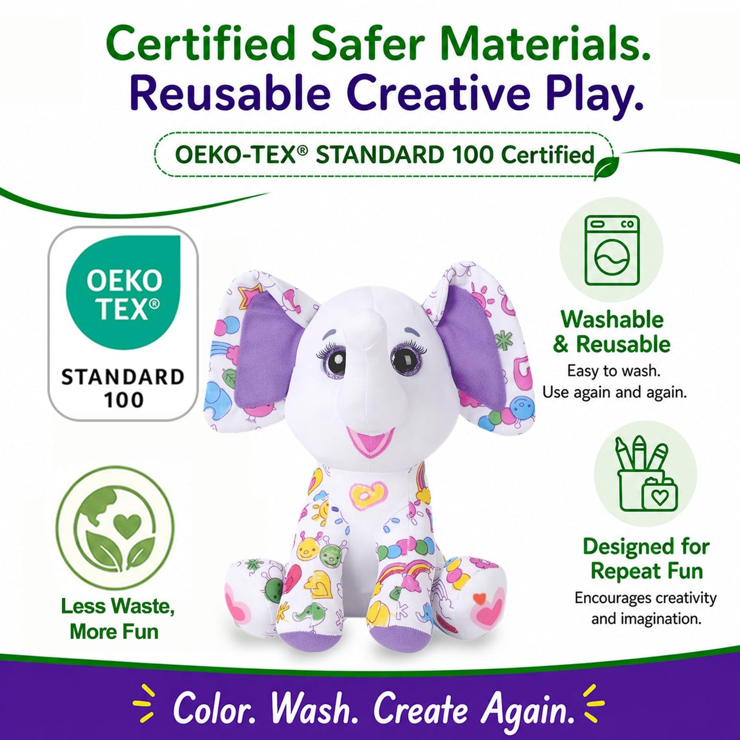 DIY Coloring Plush Toy with Washable Markers, Scribble Pets Stuffed Animal, Doodle Dolls Art Toy for Boys and Girls Ages 3-8, Birthday Gift (Elephant)