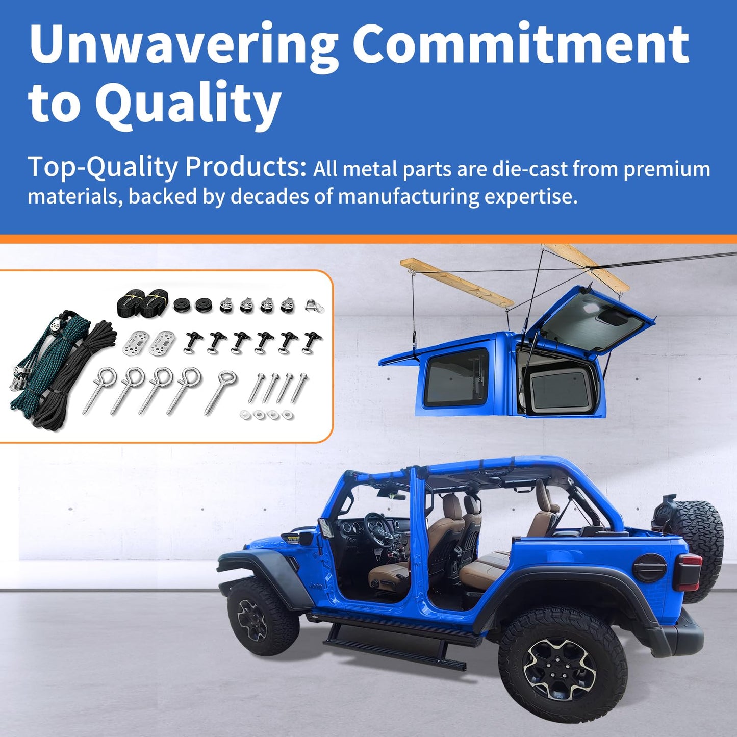Premium Hard Top Removal Lift Hoist for Jeep Wrangler and Ford Bronco - Self-Leveling Design, Safe Anti-Drop System, Easy One-Person Operation - Supports 8-16 ft. Ceilings - Bonus 6 T Knobs Included