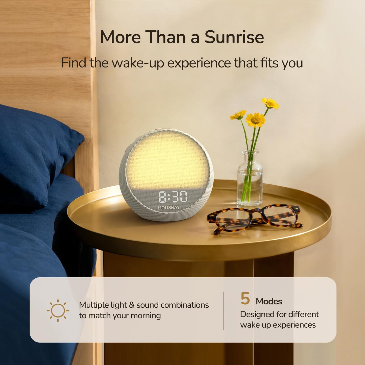 HOUSBAY MINI Sunrise Alarm Clock with Sound Machine, Rhythm Wake-Up Light, White Noise for Sleeping, Compact Phone-Free Bedrooms Clock, Putty