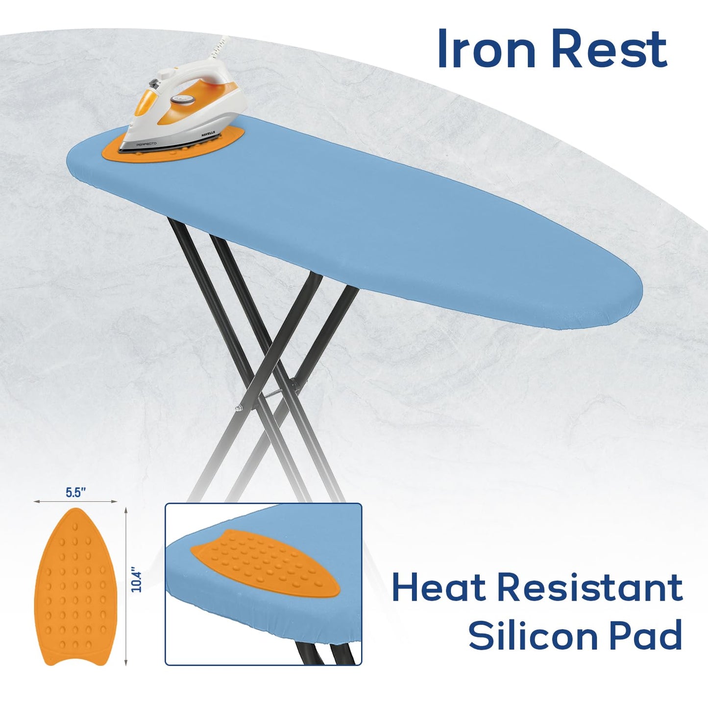 RAINHOL Compact Ironing Board Full Size 43x13 with Extra Thick Padded Cover, Height Adjustable Iron Board with Hanger, Easy to Fold Space Saver Design for Dorm Apartment Small Laundry Rooms, Blue