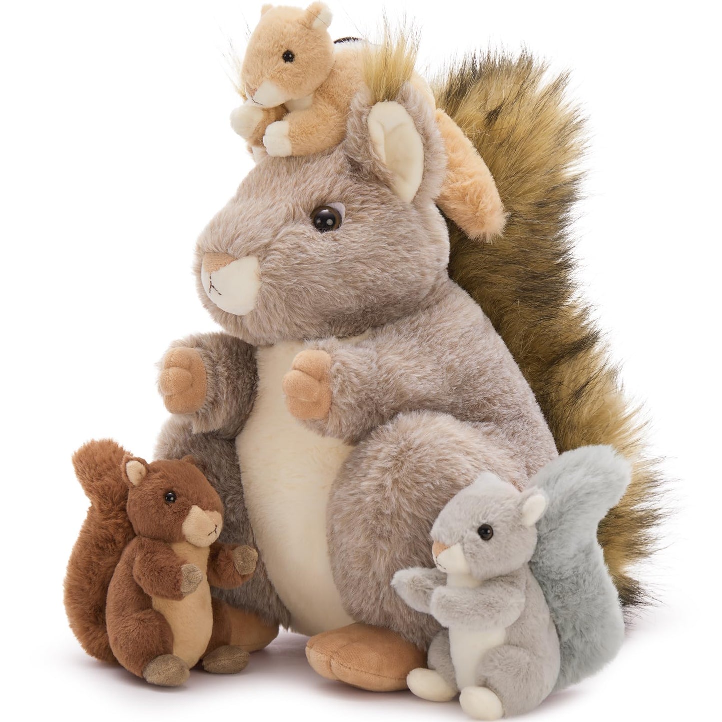 MaoGoLan 4Pcs Squirrels Stuffed Animal, Realistic Squirrel Plush Toys with 3 Baby Squirrels for Small Hand, Adorable Stuffed Squirrels Gift for Forest Animal Lover,Girls,Boys,Kids,Baby Shower
