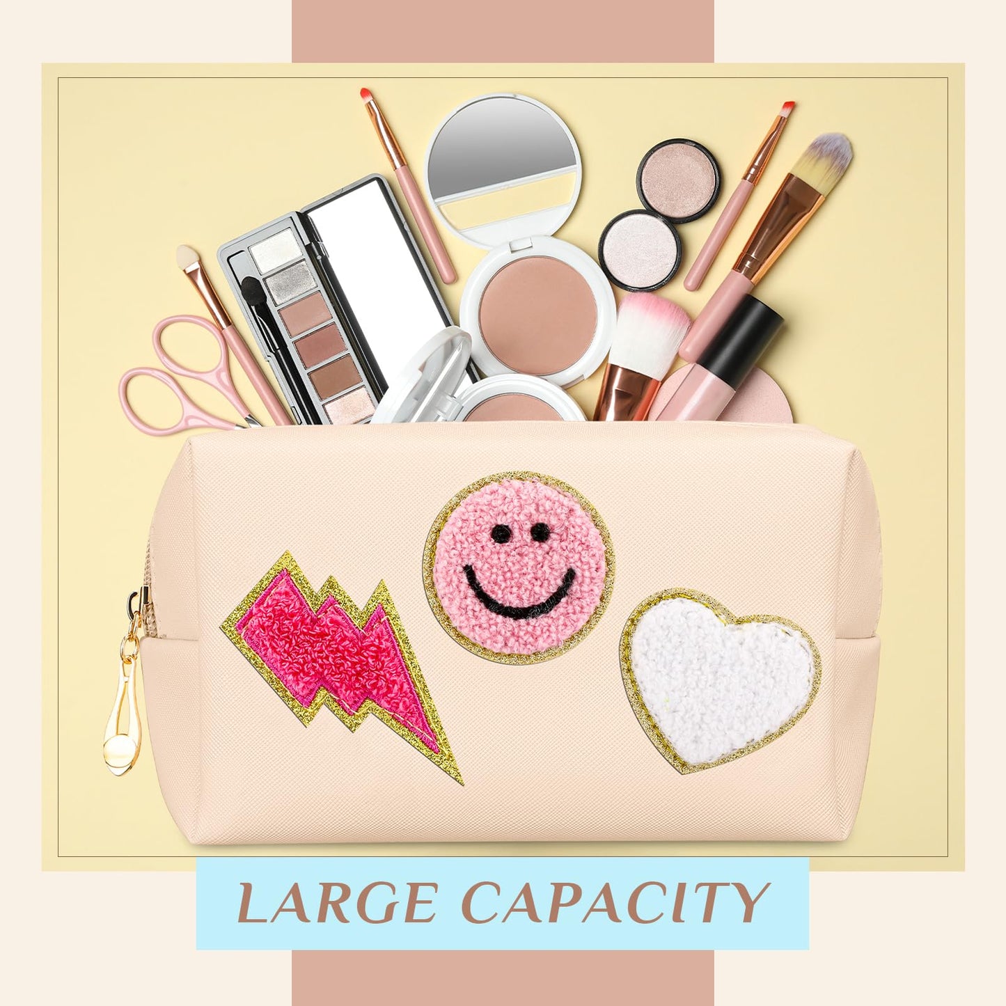 Sanwuta 20 Pieces Preppy Patch Makeup Bag Bulk Chenille Letters Bags PU Leather Aesthetics Cosmetic Organizer Smile Lightning Heart Toiletry Pouch Portable Waterproof Zipper Storage Purse for Women