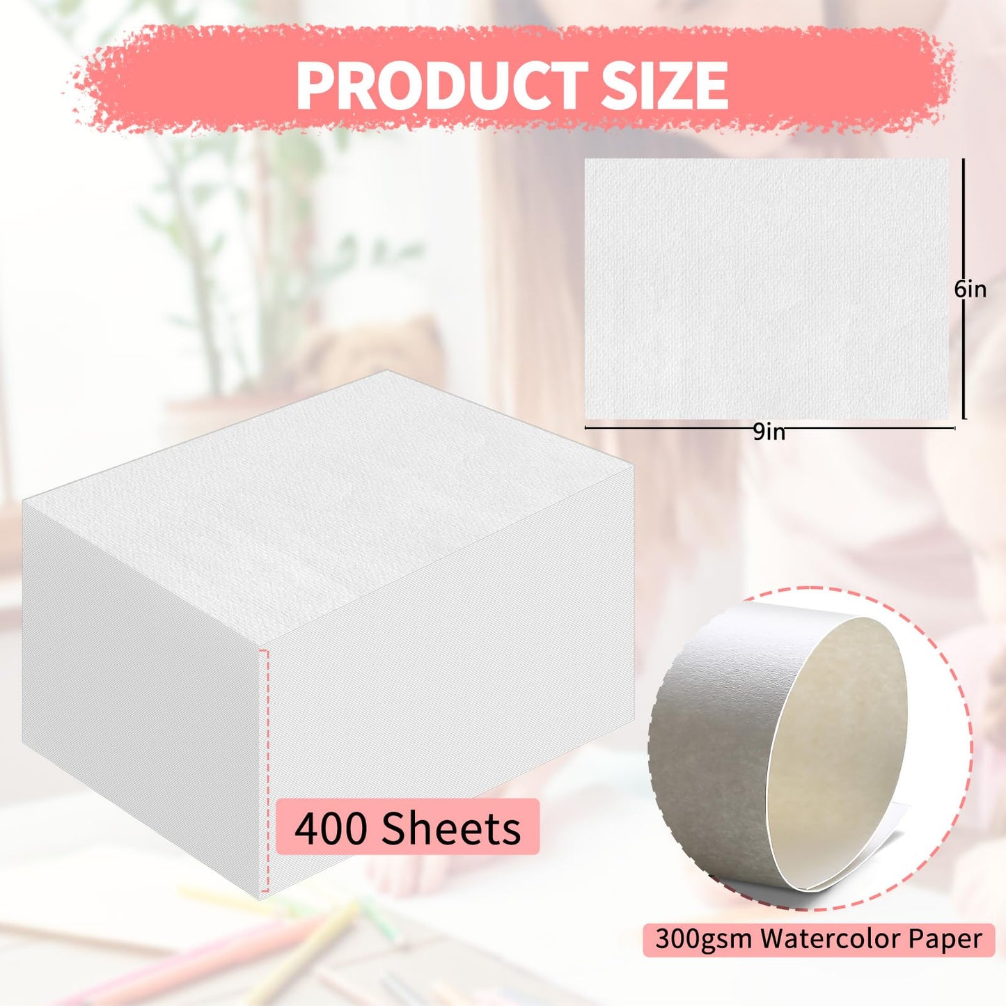 ZAYOUAU 400 Sheets Cotton Watercolor Paper Bulk, 6 x 9 inch 300 GSM White Cold Press Art Painting Paper for Kids, Beginning Academy Artist Loose Drawing Paper Watercolors Sketch Acrylic Painting