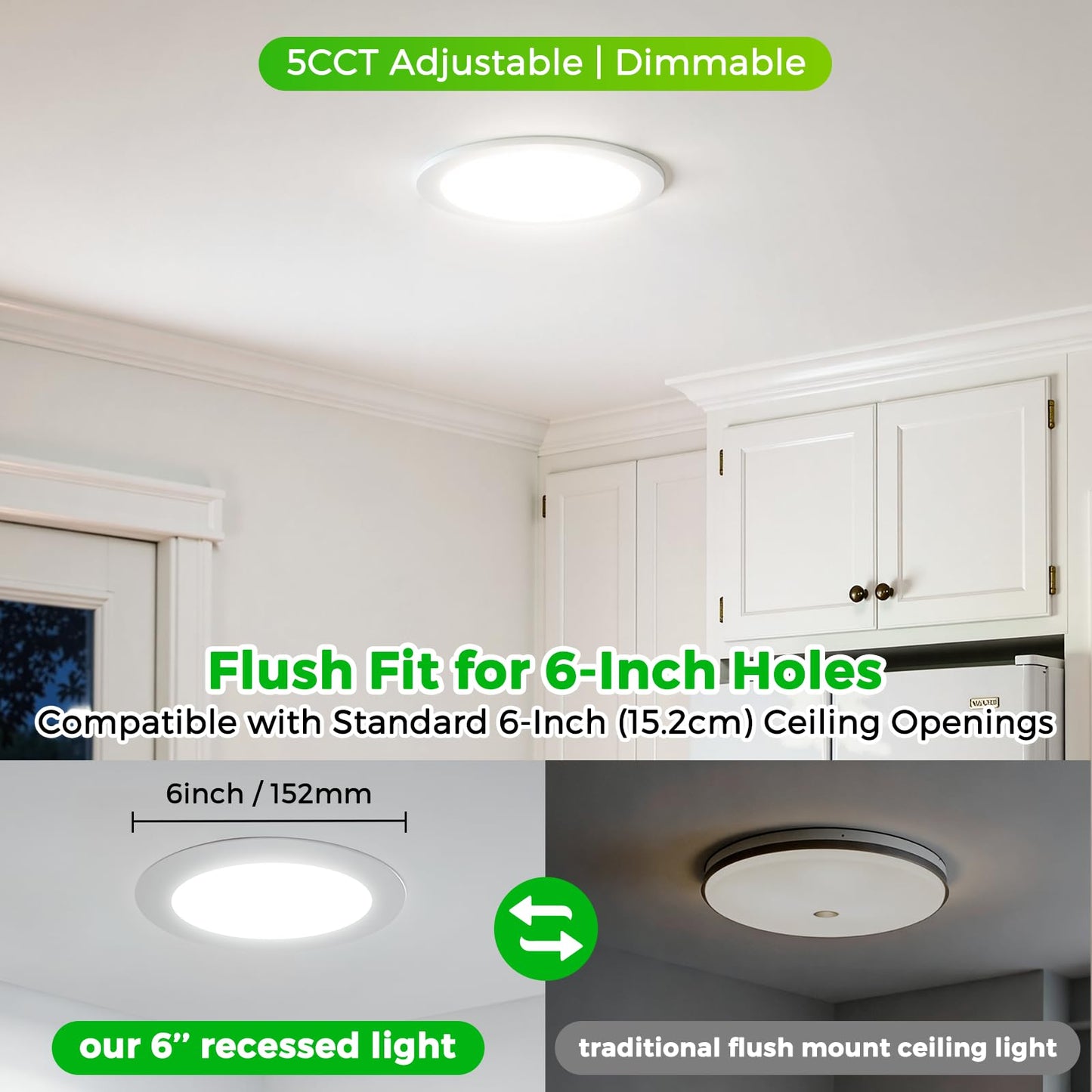 MAXvolador 6 Pack 6 Inch LED Recessed Ceiling Light with Junction Box 1200LM High Brightness, 2700K-6000K 5CCT Dimmable, 12W Ultra-Thin Canless Wafer Downlight