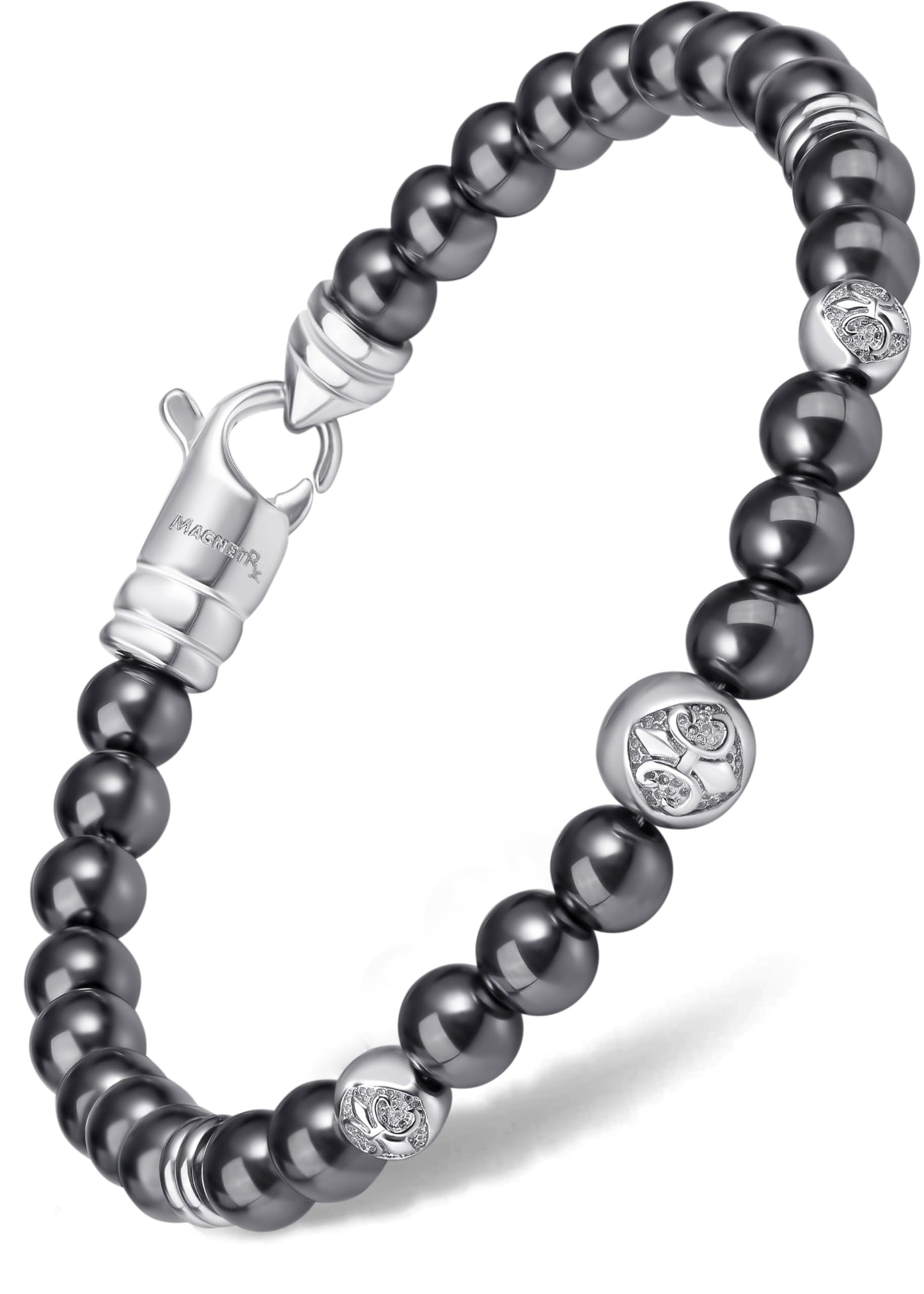 MagnetRX® Hematite Magnetic Bracelet – Max Strength Magnet Stones with Stainless Steel Charms – Elegant Magnetic Hematite Beaded Bracelets for Men (Armory | Large)