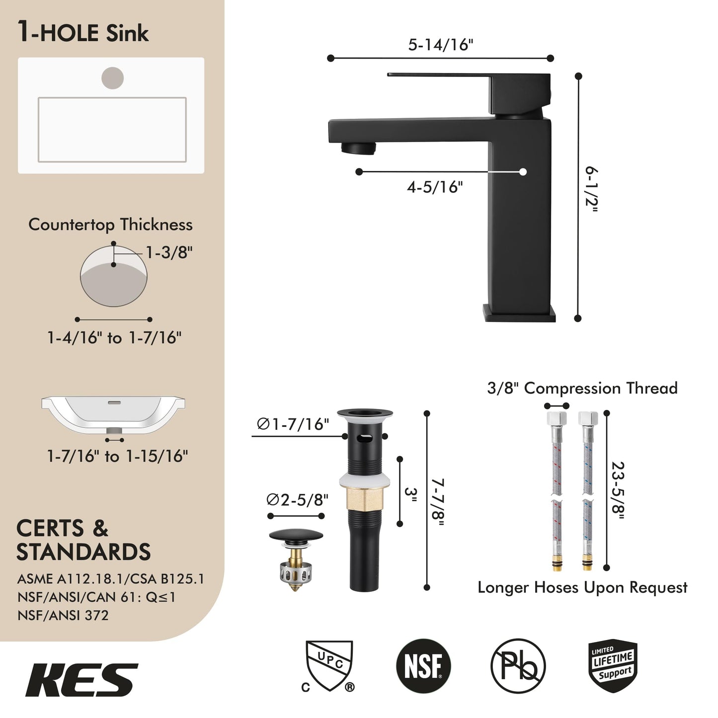 KES Black Bathroom Faucet Single Handle & Bathroom Sink Drain with Overflow, cUPC Certified Vanity Faucet with Pop Up Drain Stopper Stainless Steel Matte Black, L3156ALFF12-BK-C2