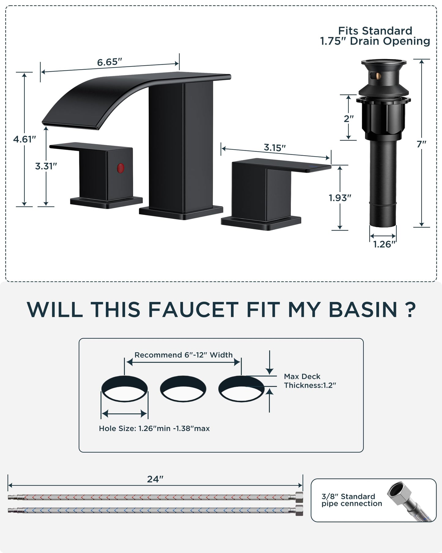 FORIOUS Square Matte Black Bathroom Faucets 3 Hole, Waterfall 8 Inch Widespread Bathroom Sink Faucet with Metal Pop-up Drain and Supply Lines, Two Handles for Vanity, RV, Farmhouse