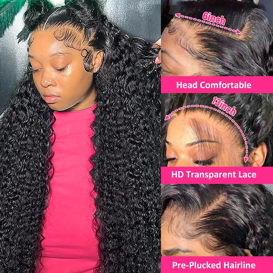 GYAJEP 32 inch Deep Wave Lace Front Wigs Human Hair 13x6 HD Lace Front Wigs Human Hair Pre Plucked 180% Density Deep Wave Wig Human Hair with Baby Hair Natural Color