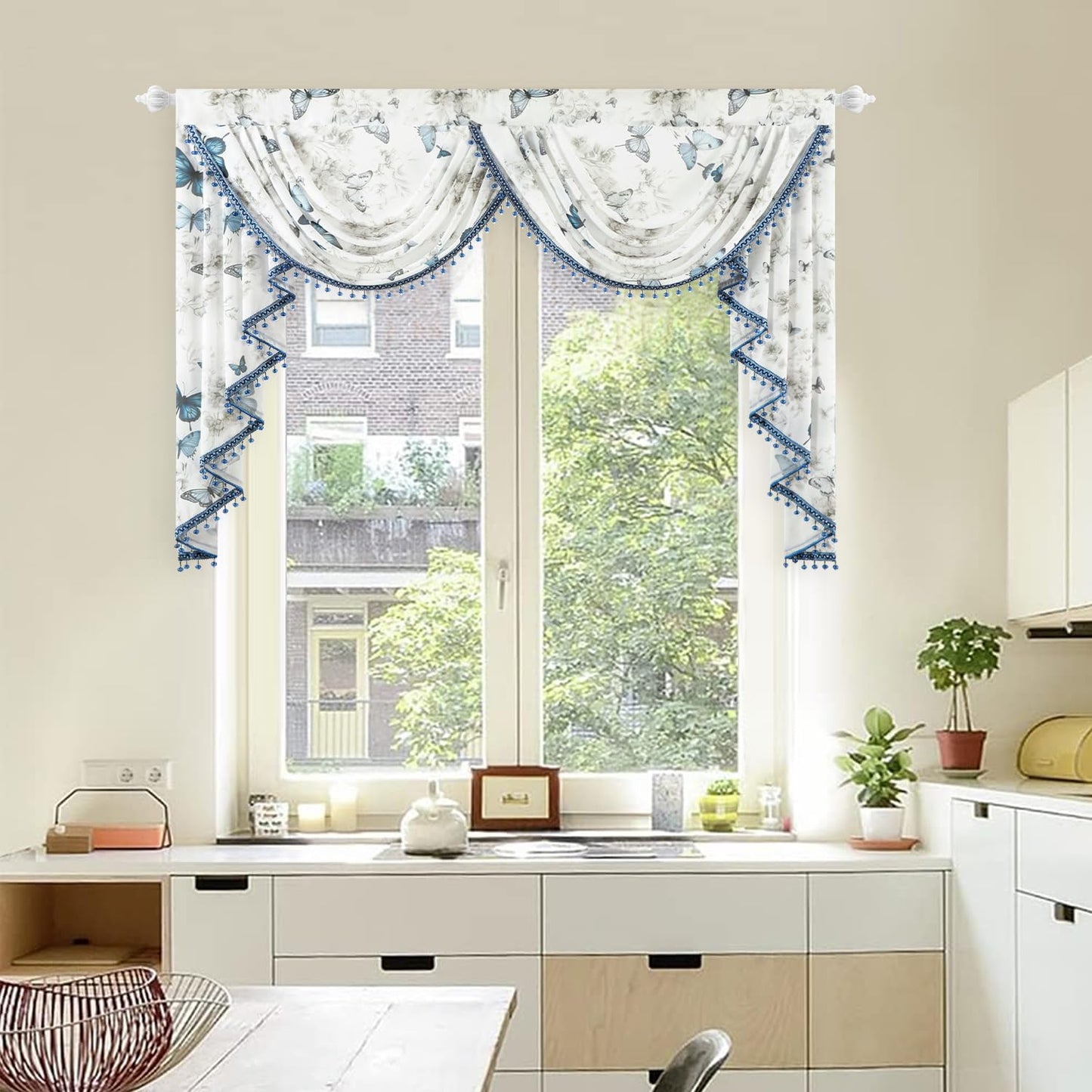 Leeva Luxury Sheer Valance Curtains with Bead Tassels, Farmhouse Waterfall Swag Design, Butterflies Print Valance for Windows, 59"x 43", Lightweight Voile for Nursery Bedroom Kitchen