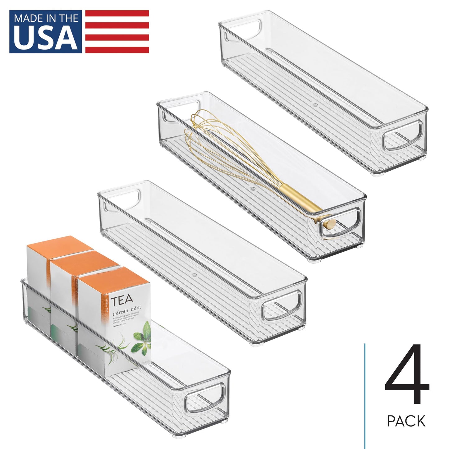 iDesign Slim Clear Plastic Storage Bin, Extra Long Narrow Stackable Organizer for Kitchen and Pantry, 4-Pack