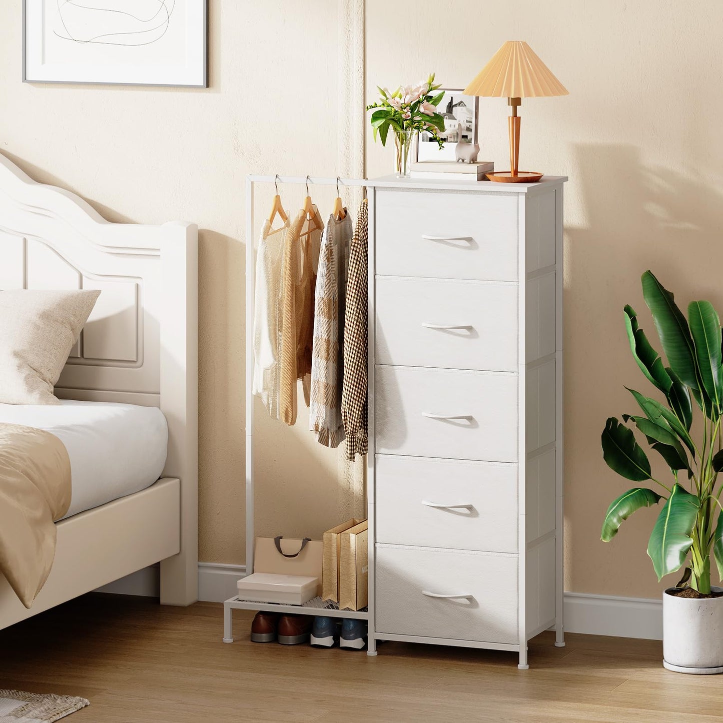 Somdot Dresser with Hanging Rack, 5 Drawers Small Closet for Bedroom, Reversible Dresser with Clothes Rack, Kids Dressers for Bedroom Chest of Drawers, Tall Storage Tower, White Leather