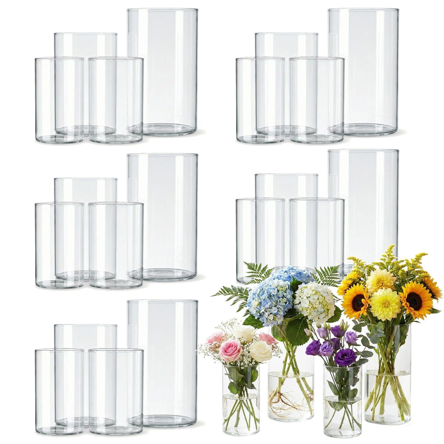 Wehomai 24pcs Glass Cylinder Vases 4,5,6 Inch for Centerpieces,Small Clear Flower Vases for Wedding Decorations and Indoor Home Decor, Hurricane Candle Holder for Table Shelf, Party