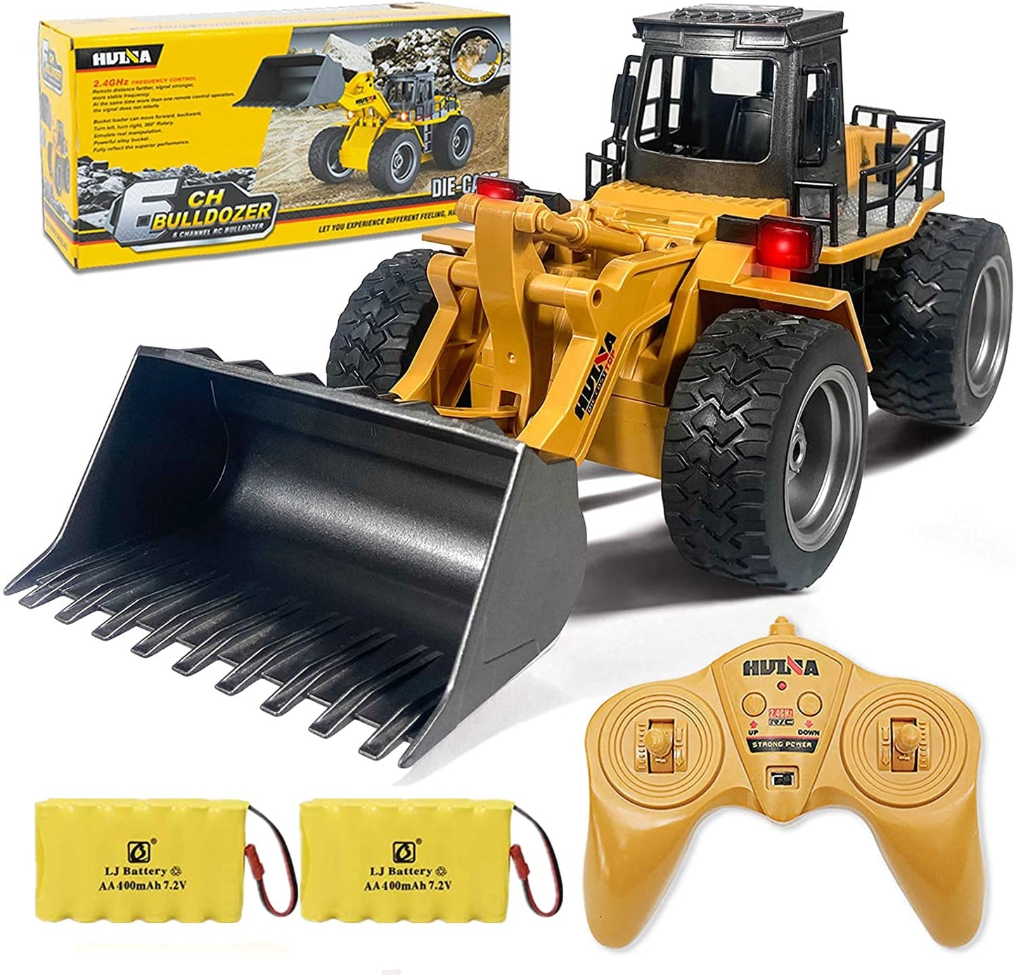 kkny Remote Control Bulldozer Toy Truck, 1/18 Scale RC Metal Rc Front Loader 4WD Construction Vehicles for Boys Girls Kids with Rechargeable Two Battery 6+Year