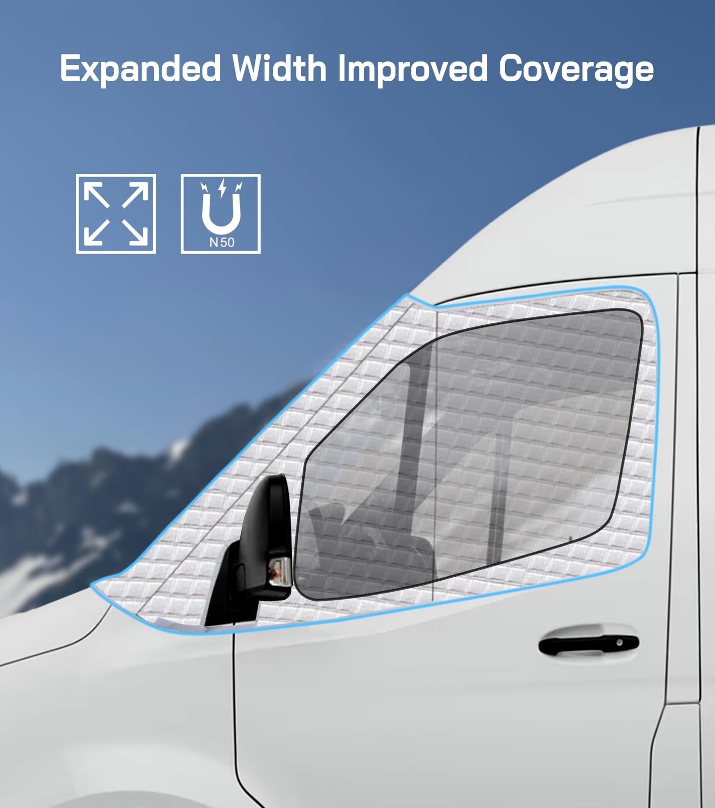 VANNCAMP Windshield Cover for Mercedes Sprinter Van 2007-2026, Class C Windshield Snow Cover, Front Window Sunshade for UV Protection & Privacy Shield, White with Mirror Cutouts