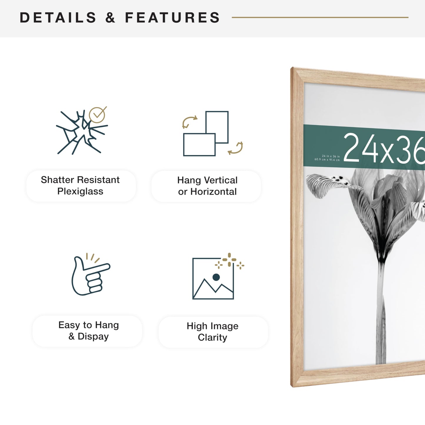 MCS Studio Gallery Classic 24x36 Poster Frame Natural Woodgrain Engineered Wood, Vertical & Horizontal Wall Hanging Large Picture Frame for Photos, Posters & Art Prints (1-Pack)