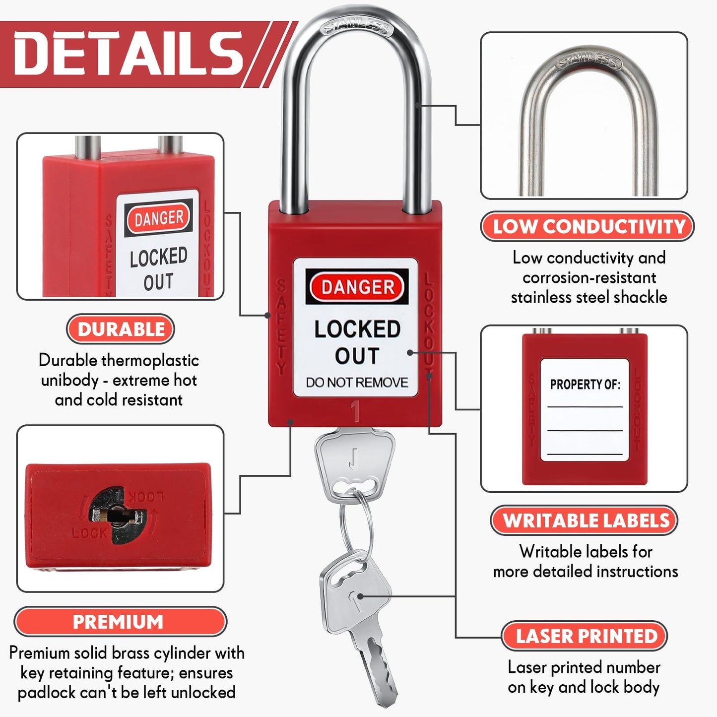 Landhoow 12 Set Lockout Tagout Locks Loto Locks Keyed Different Safety Lock, 2 Keys Per Lock, Tag Out Padlocks for Electrical Lockout Tag Out Stations and Devices Kits (Red)