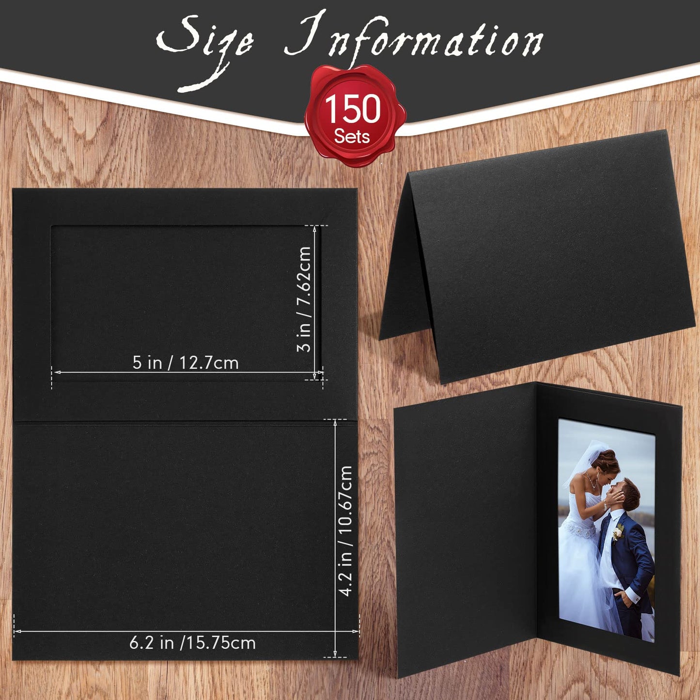 Fainne 150 Pack Photo Folders 4x6Inch Cardboard Picture Frame Photo Frame Thank You Cards Cardboard Folders Paper Greeting Cards Inserts for Portraits Christmas Wedding (Black)