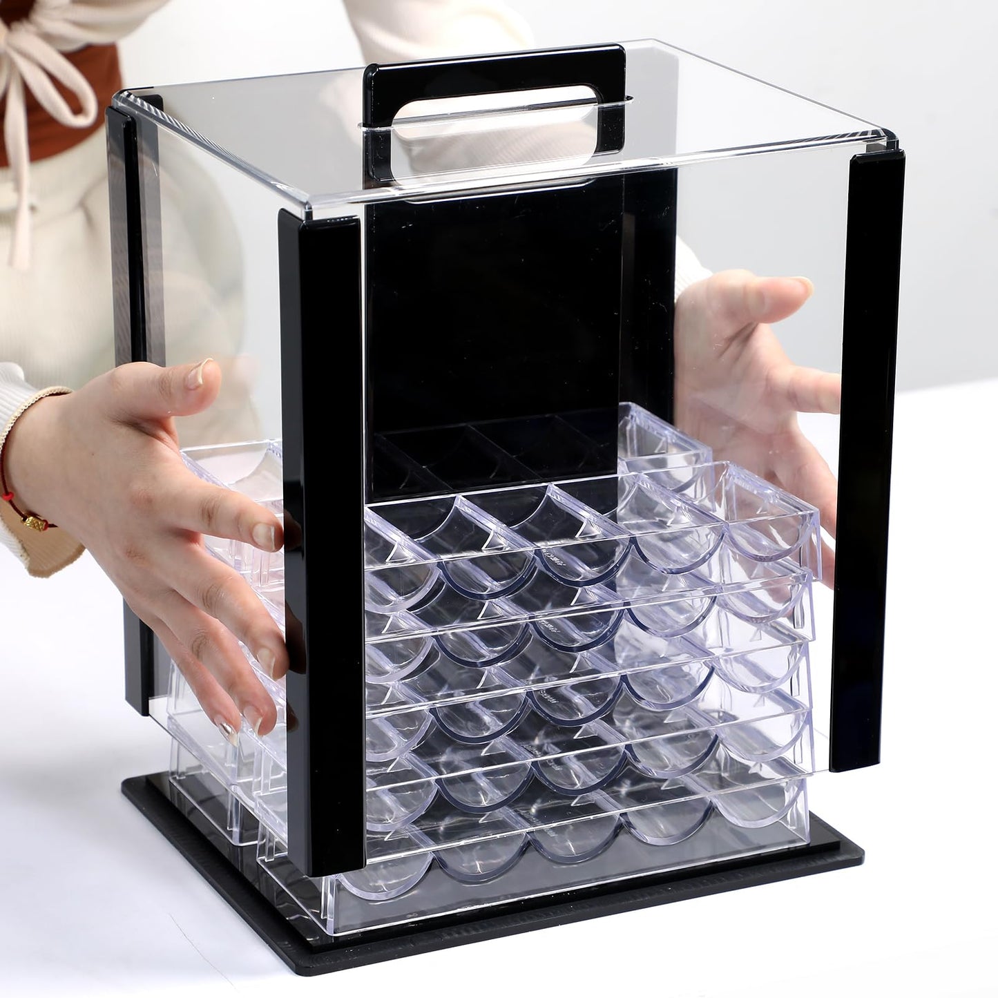 JIESITE Acrylic Poker Chip Case 1000pcs Capacity Poker Chip Trays Set Including 10 Poker Chip Holder Poker Chip Display Case for Standard Size Chips (1000pcs)