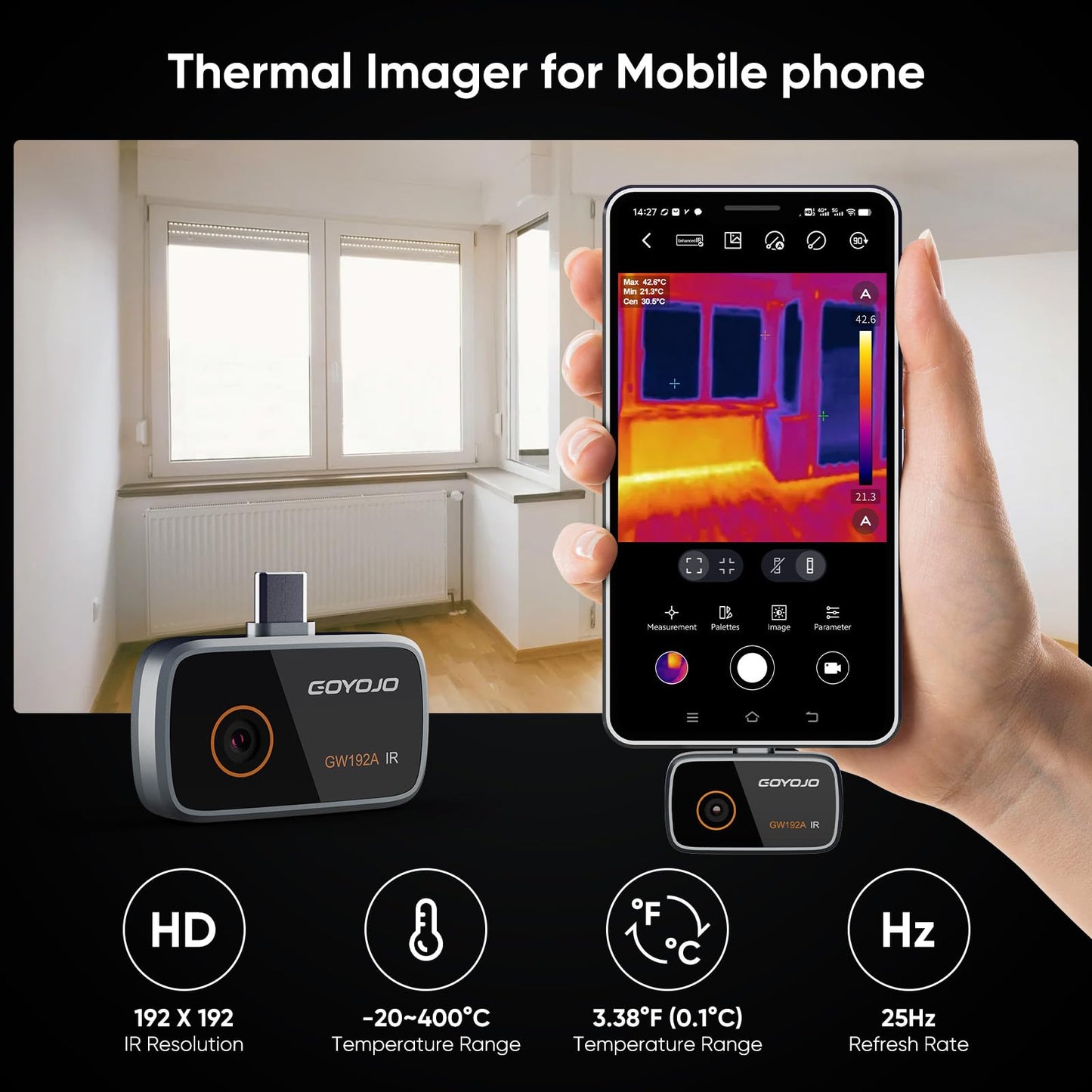 GOYOJO 192x192 IR Resolution Thermal Imaging Camera for Android – Water Leak Detection, HVAC, Electrical, Plumbing, Automotive Repair, Home Inspection, DIY – USB-C Infrared Imager, -4°F to 752°F