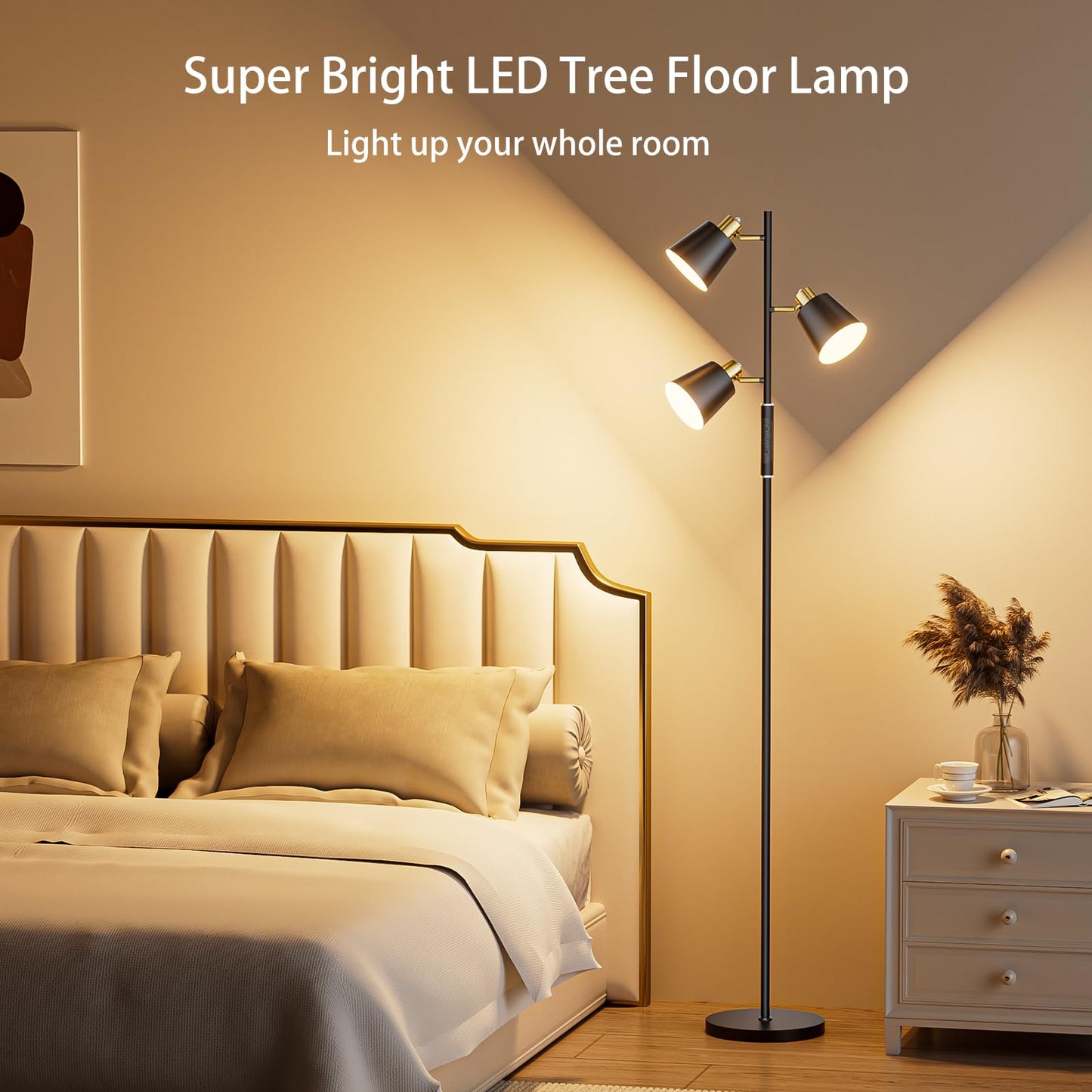 Jeagop LED Tree Floor Lamp, 2500LM Super Bright Standing Lamp with Remote & Touch Control, 4 Color Temperatures, 3 Rotatable Lights, Modern Dimmable Floor Lamps for Living Room Bedroom Office