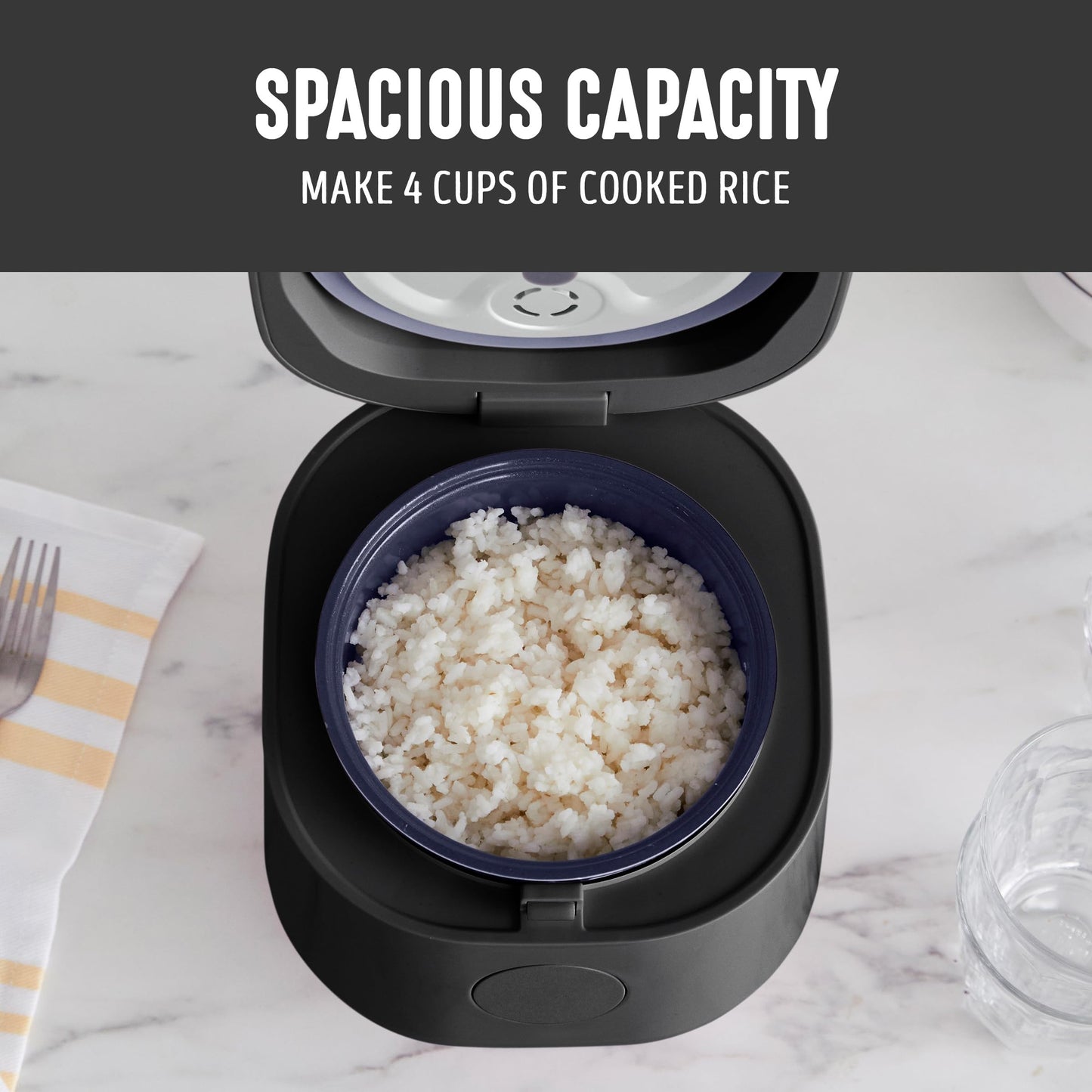 GreenLife Digital Rice Cooker, 2-Cups Uncooked/4-Cups Cooked, Removable Nonstick Ceramic PFAS-Free Pot, One-Touch Presets, Oats, Quinoa, Brown Rice, Auto Keep Warm, Fuzzy Logic Tech, 1.5QT, Black