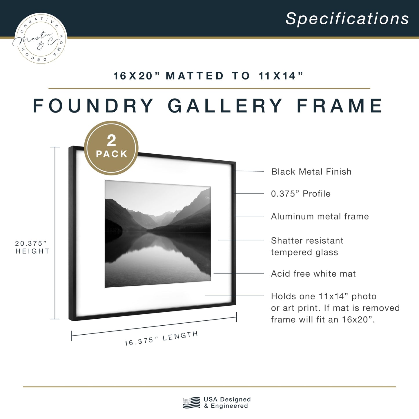 MCS Master & Co. Foundry Metal 16x20 Matted Picture Frame with 11x14 Photo Display, Black Vertical & Horizontal Wall Hanging Frame for Photos & Artwork (2-Pack)