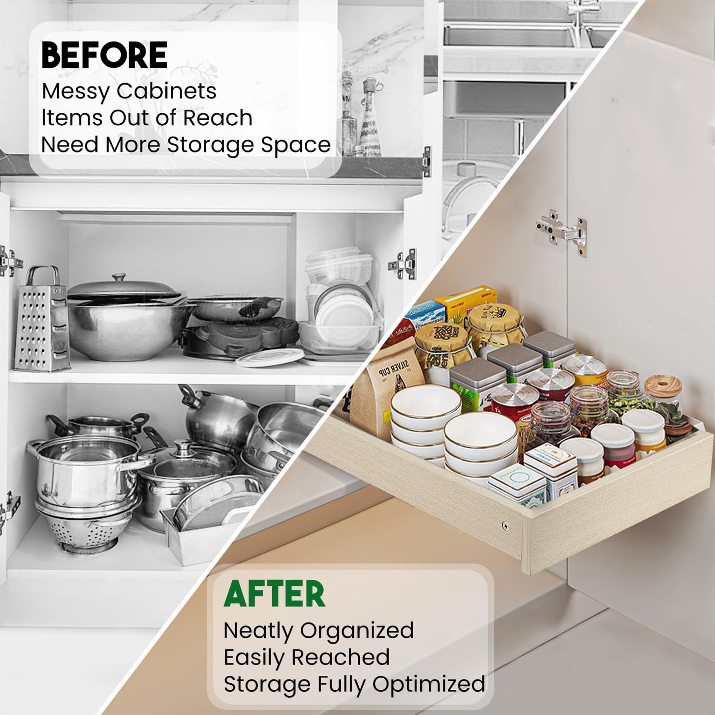Lille Home Pull Out Drawers for Cabinets, 17" W x 21" D Wood Pull Out Cabinet Organizer, Soft Close Slide Out Drawer for Kitchen Cabinets, Pantry & Storage Pull-Out Shelves, Easy DIY Installation