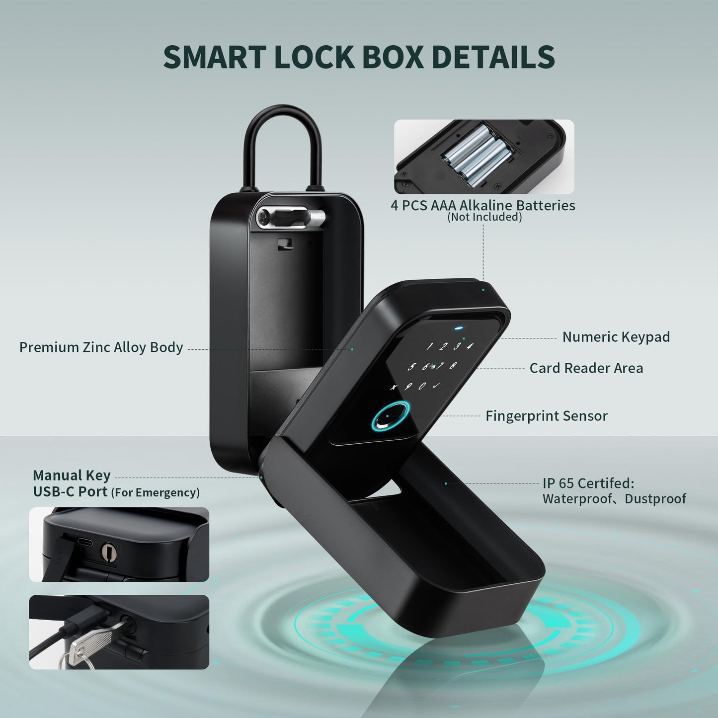 Moquin Smart Lock Box for House Keys, Fingerprint Lockbox Bluetooth Key Box with 5 Unlock Ways Fingerprint, App Control, Access Card, Passcodes, Manual Key for Airbnb & Home & Office & Garage