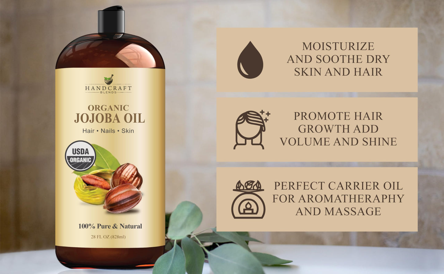 Handcraft Blends USDA Organic Jojoba Oil - Cold-Pressed 28 Fl Oz - 100% Pure and Natural - Premium Grade Carrier Oil for Skin and Hair - Hair and Body - Massage - Hexane-Free