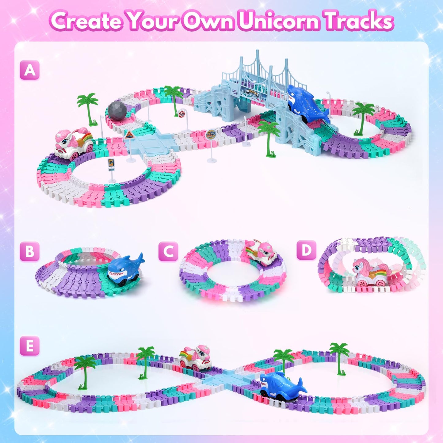 Kids Toys for 3 4 5 Year Old Girls Gifts: 194PCS Unicorn & Shark Flexible Race Track Set | Toy Car Track for Toddler Girl Toys Age 3-6 | Race Track for 5 Year Old Girl Birthday Gift Ideas
