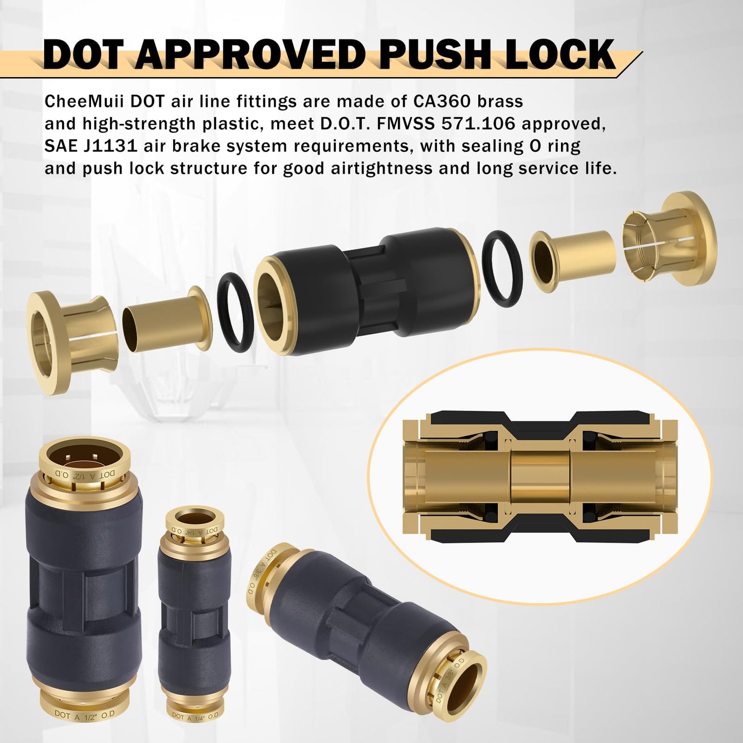 CheeMuii 30 PCS DOT Air Line Fittings 1/4" 3/8" 1/2" DOT Push Lock Air Fittings Brass and Plastic Straight Unions Quick Connect Air Hose Fittings Repair Kit