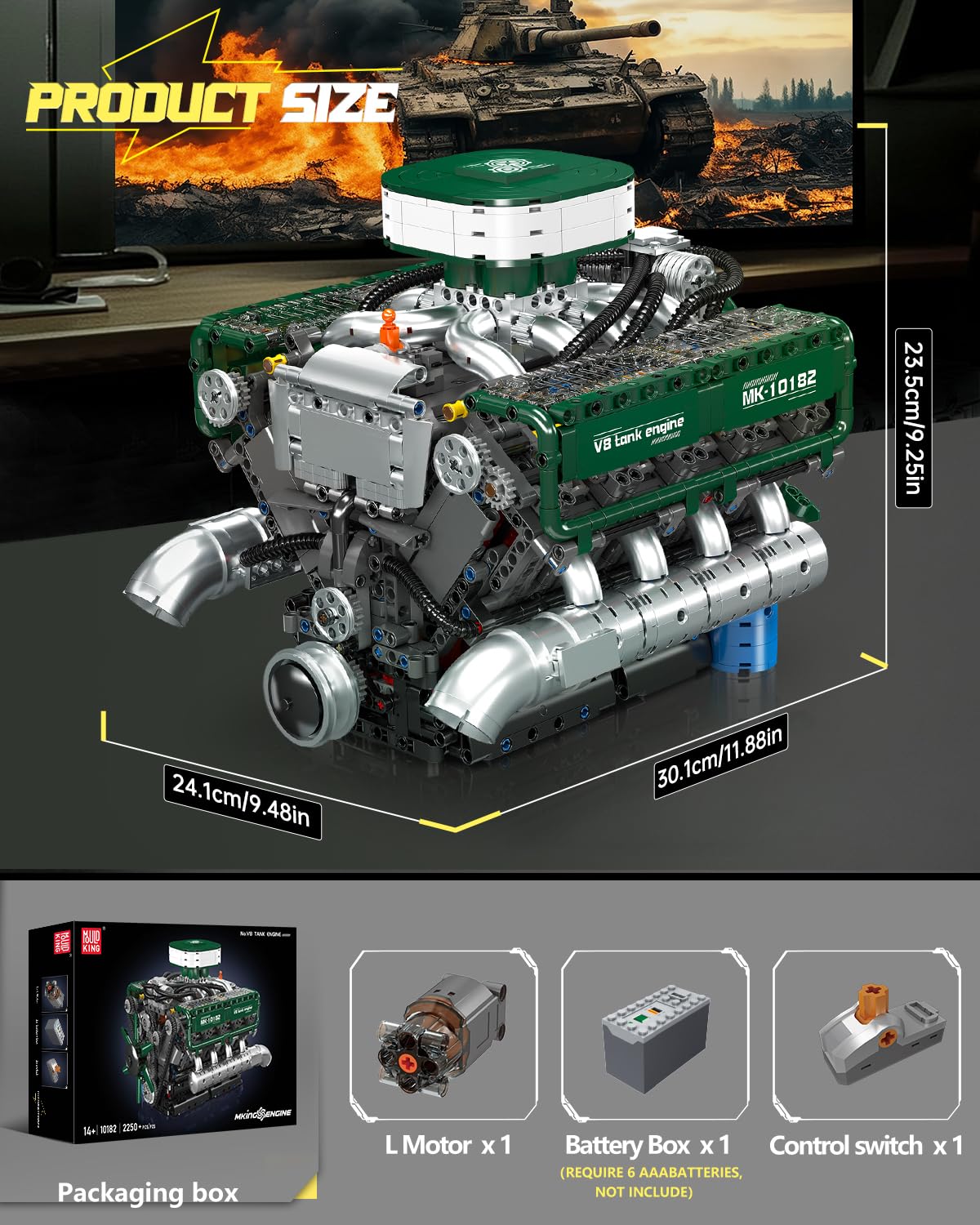 Mould King 10182 V8 Engine Building Blocks Sets, MOC V8 Tank Engine Model Kit with Battery and Motor, Collectable 8-Cylinder Combustion Car Engine Model Toys for Kids/Adults (2250+PCS)