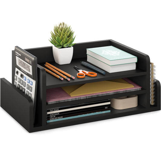 Ballucci 3-Tier Desk Organizer with 2 Side Mail Sorter Slots, Wood Letter Tray, Open Top Paper Organizer, Desktop File Organizer, Black
