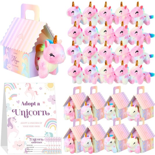 Blueweenly 73 Pcs Adopt a Unicorn Party Favors Set for Girl Mini Plush Unicorn Stuffed Animal Gift Box Adoption Card 1 Animal Sign with Carton House for Adopt Pet Party Birthday (Gradient Closed Eye)